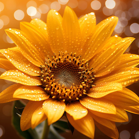 Close up of sunflower with water drops on bokeh backgroundの素材