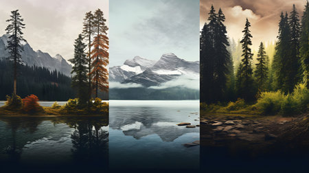 Mountain landscape in a collage with a lake and trees.の素材