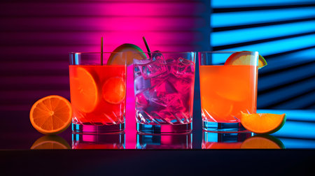 Cocktails in bar on dark background. Colorful tonedの素材