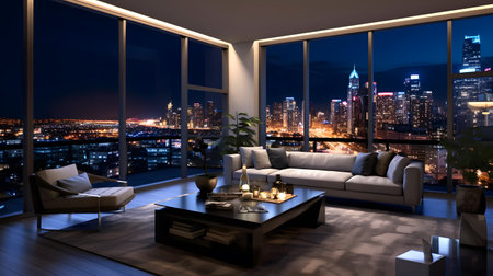 Modern living room with panoramic city view at night 3D renderingの素材