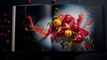 Fresh fruits and vegetables flying in the air on a black background.の素材