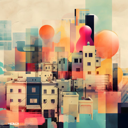 Cityscape with buildings and clouds. Collage. Vector illustration.の素材