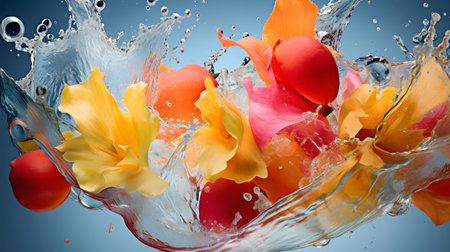 Water splash with flowers and fruits. 3d rendering, 3d illustration.の素材