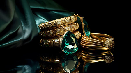 Jewelry on a black background with green emerald and gold ringsの素材