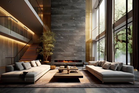 Interior of modern living room with gray walls, concrete floor, comfortable sofa and fireplace. 3d renderingの素材
