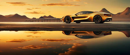 3D rendering of a brand-less generic concept car in the desertの素材