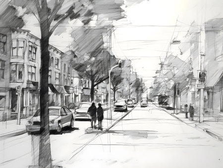 Sketch of a street in the city. Drawing sketch.の素材