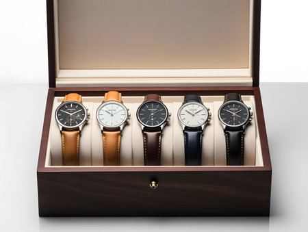 Wrist watch in a wooden box on a white background. 3d renderingの素材