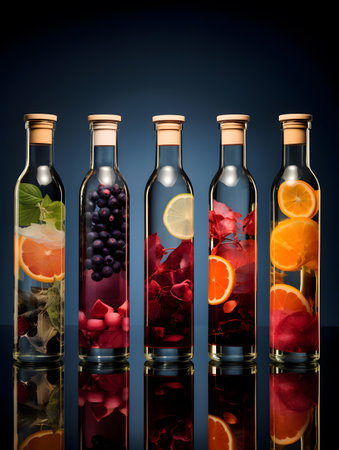 bottles of alcoholic drinks with fruits and berries on a dark backgroundの素材