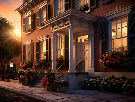 Beautiful old houses in the city at sunset. 3d renderingの素材