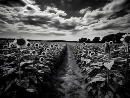 Sunflower field in black and white. Black and white photo.の素材