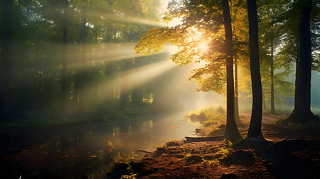 Morning in the forest with sunbeams and rays of light.の素材