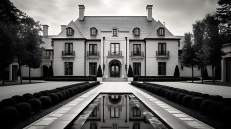 Black and white picture of a beautiful old house in the city.の素材