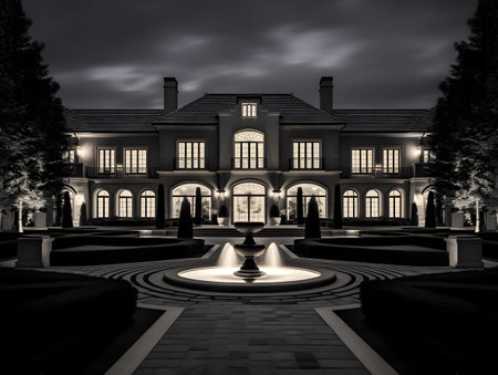 Night view of a beautiful mansion with a fountain in the foreground.の素材