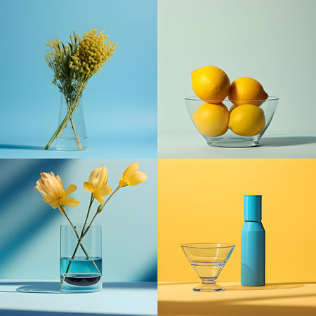 Collage of glass vases with lemon and flowers on a blue backgroundの素材
