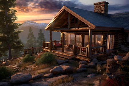 3d rendering of a log cabin in the mountains at sunset.の素材