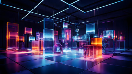 3d render, abstract background, empty room with glass cubes, neon lightsの素材
