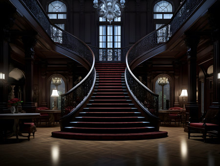 3D rendering of a dark room with a staircase leading to the entranceの素材