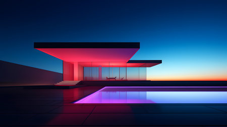 3d rendering of a modern house in the evening with purple lightの素材
