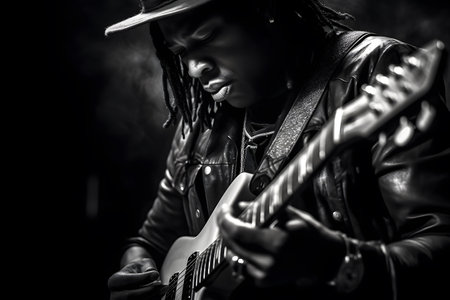 Portrait of a girl in a leather jacket playing an electric guitar. Black and white photo.の素材