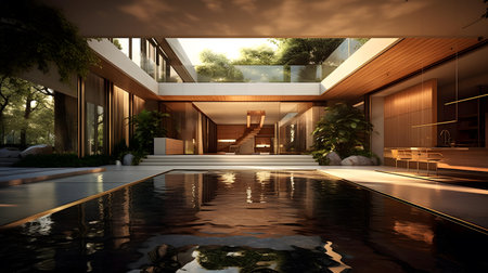 3d rendering of modern house with swimming pool and beautiful landscapingの素材