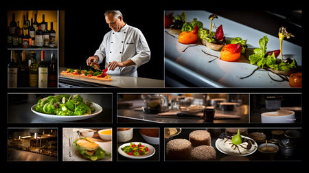 Collage of different images of the chef in a restaurant kitchen.の素材