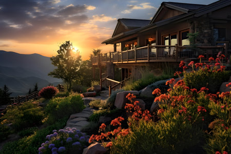 Luxury home in the mountains at sunset. 3d renderingの素材