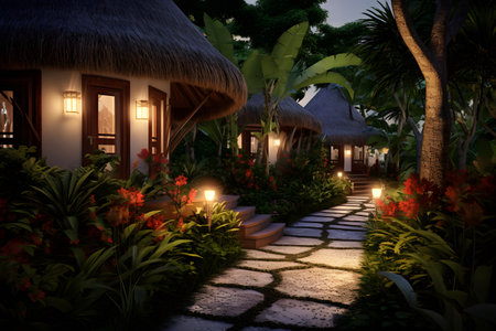 Beautiful night garden with palm trees and flowers. 3d renderingの素材