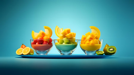Fruit salad in a glass bowl on blue background. 3d renderingの素材