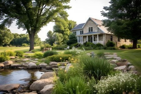 Beautiful landscaped backyard with stone walkway, pond and houseの素材