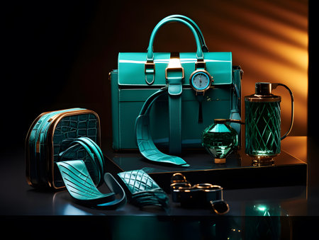 Men's accessories and perfume on a black background. 3d renderingの素材