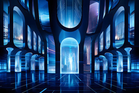 3D render of a futuristic corridor in an office building at nightの素材