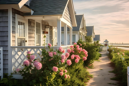 Roses in front of a wooden house on a beach in Hollandの素材