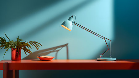 3d rendering of a table lamp on a blue wall background.の素材