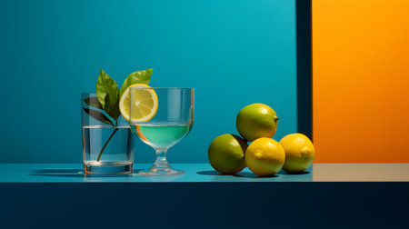 Lemon and lime in a glass on a blue and orange backgroundの素材