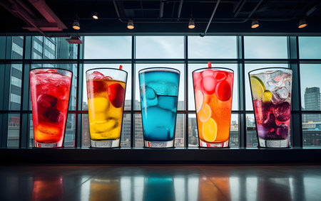 Colorful drinks in glass on the windowsill of a modern officeの素材
