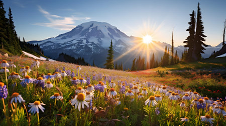 Sunset over alpine meadow with wildflowers and Mount Rainierの素材