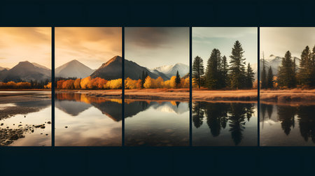 Reflection of mountains and trees in window with reflection in lake.の素材