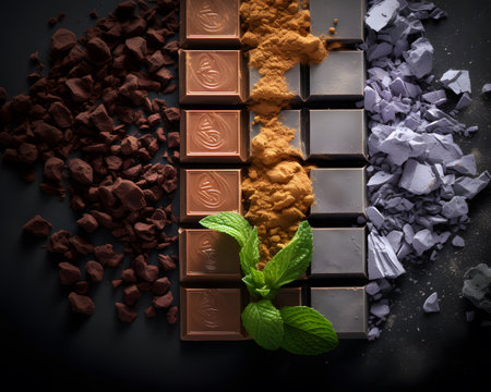 Chocolate, cocoa powder and mint leaves on a black background.の素材