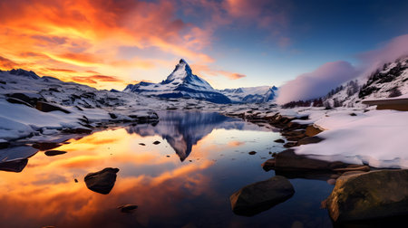 Matterhorn at sunset with reflection in Zermatt, Switzerlandの素材