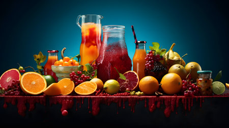 Variety of fresh fruit juices and smoothies in glass bottles on dark backgroundの素材
