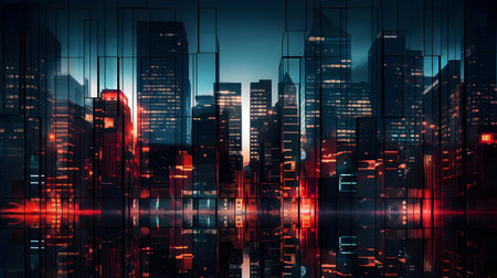Night cityscape with skyscrapers and neon lights. 3d renderingの素材