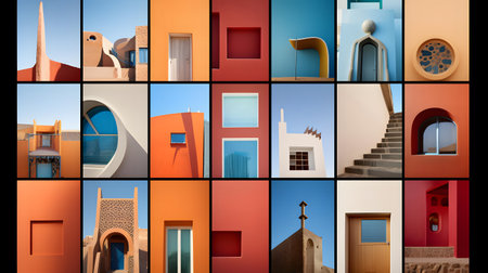 A collection of colorful buildings in the style of a collage.の素材