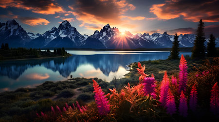 Fantastic sunset in the mountains. Fantastic landscape with lake.の素材