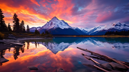 Mount Fitz Roy at sunrise with reflection in the lake, Patagonia, Argentinaの素材