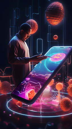 Hipster man using smartphone with abstract holographic background. 3D renderingの素材