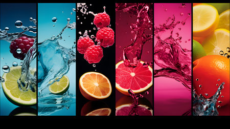 Collage of different fruits in water splashes on a black backgroundの素材