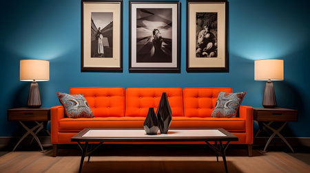 Interior of classic living room with orange sofa, table lamp and postersの素材