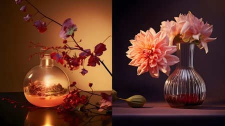 Beautiful still life with dahlia flowers in a vase on a dark backgroundの素材