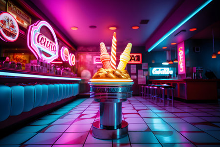 Cupcake in neon light. Night club interior. 3D renderingの素材